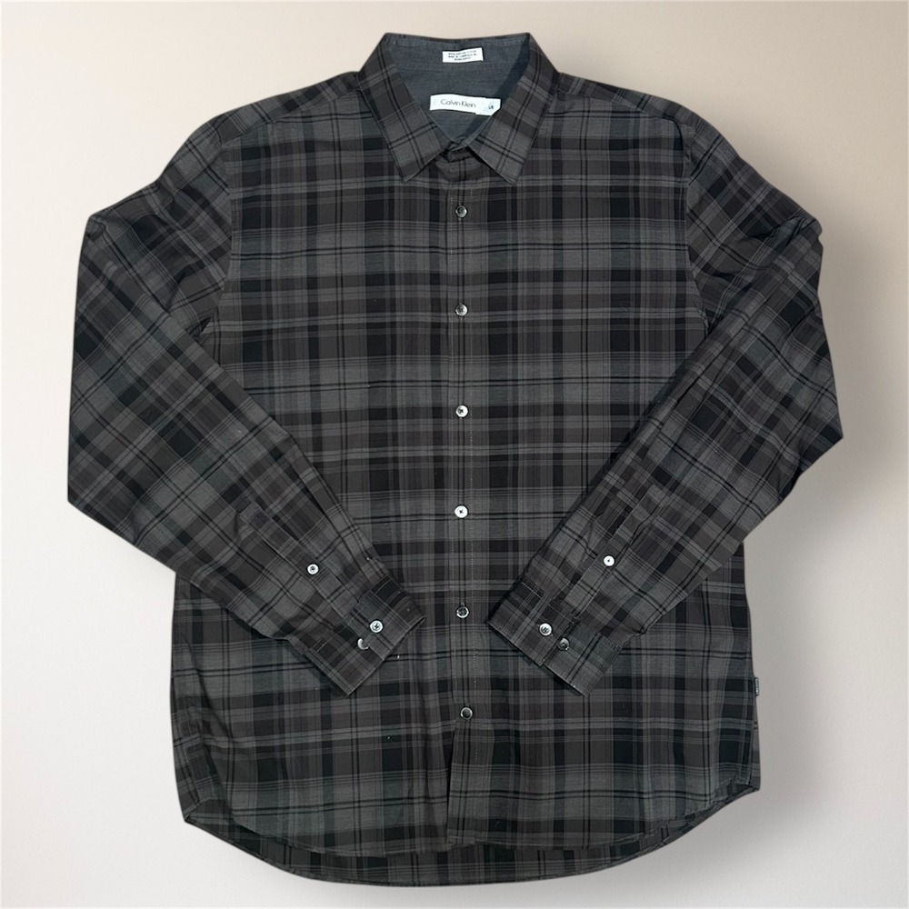 Calvin Klein Mens L Plaid Button Up Shirt Gray Black Long Sleeve Cotton Preppy - Picture 6 of 9